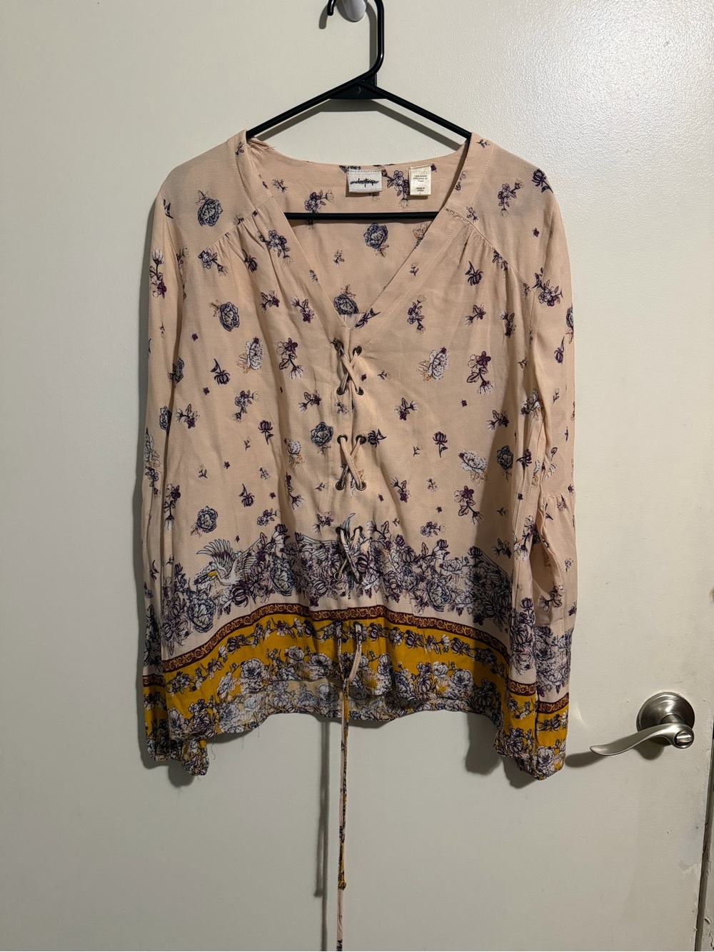 Daytrip Beige Floral Lace-Up Peasant Blouse with Yellow Border